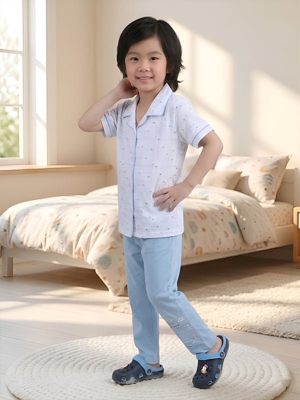 Polka Tots Half sleeves Boat Print Night Suit - Blue