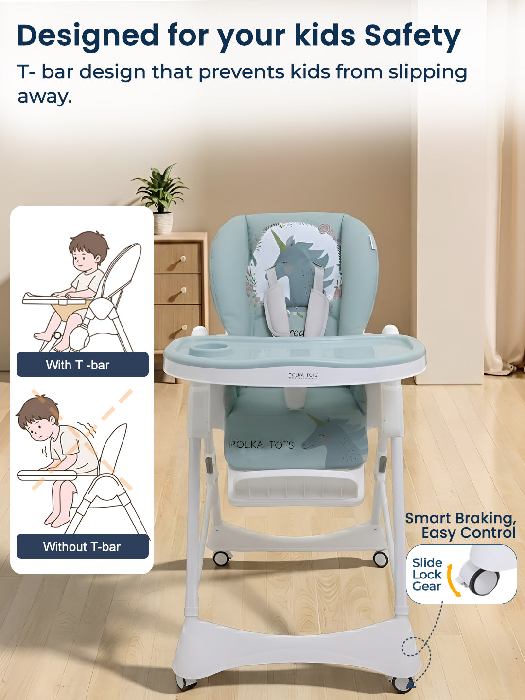 Polka Tots ChicChow Chariot 16 positions Unicorn Design High Chair - (Green)