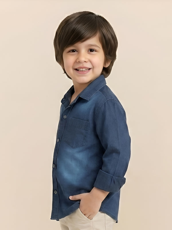 Polka Tots Cotton Full Sleeves Wash Effect Denim Shirt - Blue