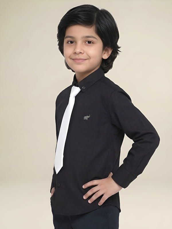 Polka Tots Full Sleeves Cotton self textured Shirt with Tie - Black