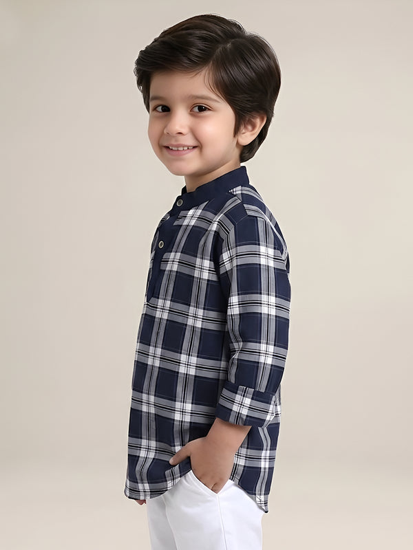 Polka Tots Full Sleeves Checks Shirt Style Kurta - Indigo