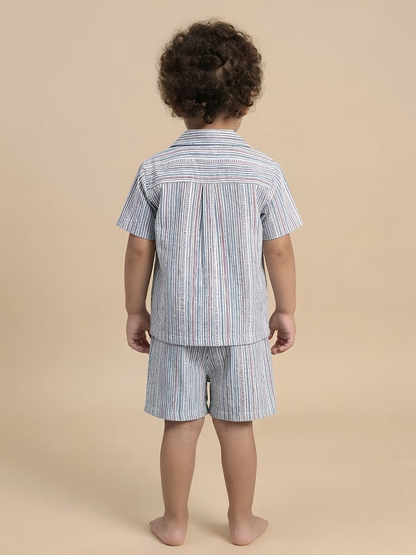 Polka Tots Cotton Half Sleeves Stripes print Co-ords - Blue