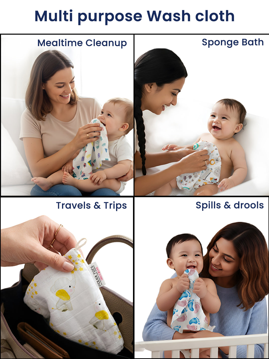 Polka Tots Newborn Pack of 5 100% Soft Muslin Cotton Washcloth Set