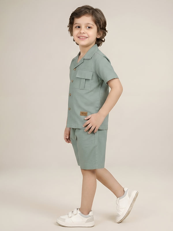 Polka Tots Half Sleeves Solid Co-ords - Turquoise