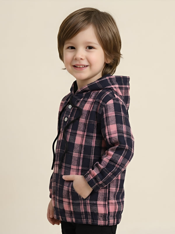 Polka Tots Kids Full Sleeves Checked Hoodie Shirt - Black and Orange