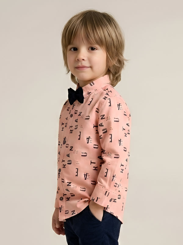 Polka Tots Full Sleeve Lycra Shirt Alphabet Print with Bow Tie Peach