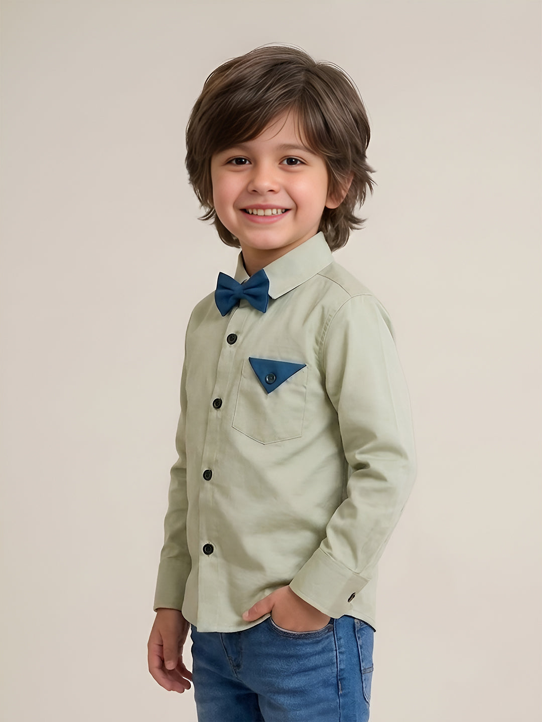 Polka Tots Full sleeves shirt with Bow Tie - Beige