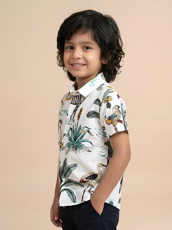 Polka Tots Half Sleeve Kids Shirt 100% Cotton Beach With Animal Print - White