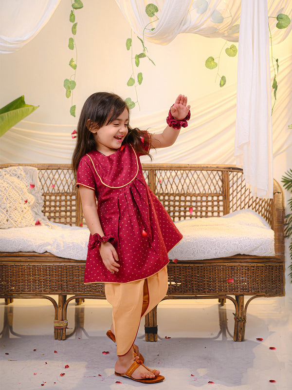 POLKA TOTS Girls Festive Golden Foil Print Kurta Dhoti Set – Dark Pink