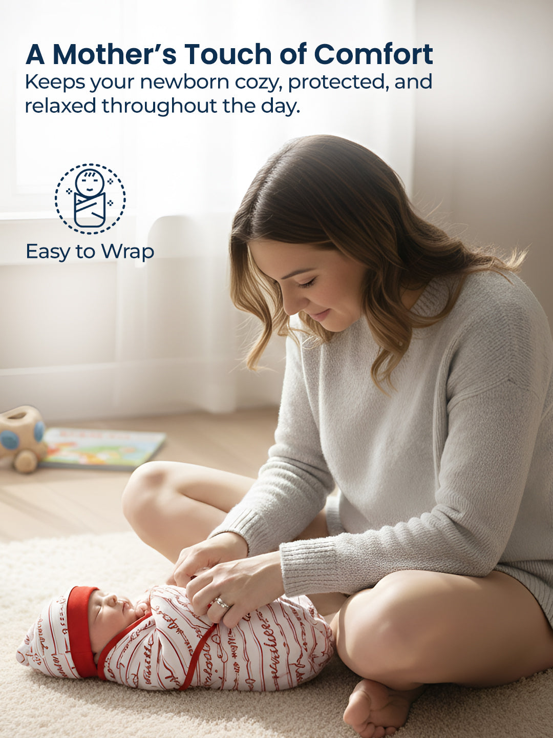 Woman sitting on the floor with a baby wrapped in a blanket, with text about comfort and ease of use.