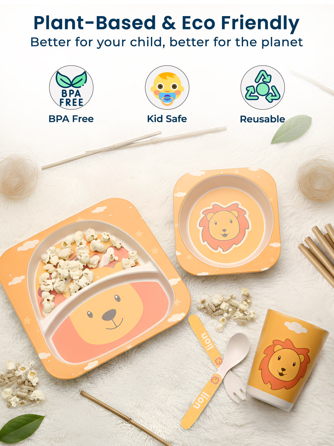 Eco Friendly 5 Pieces Bamboo Fiber Kids Dinner Set (Lion)
