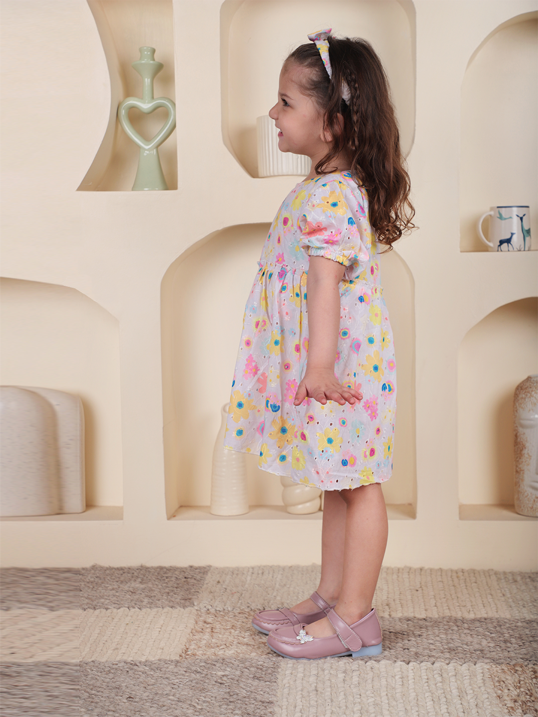 Polka Tots Half sleeve Floral print Frock with Headband - Multicolor