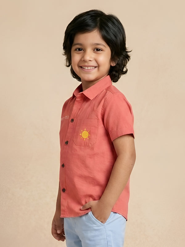 Polka Tots Half Sleeves Text Print Detailing Shirt - Red