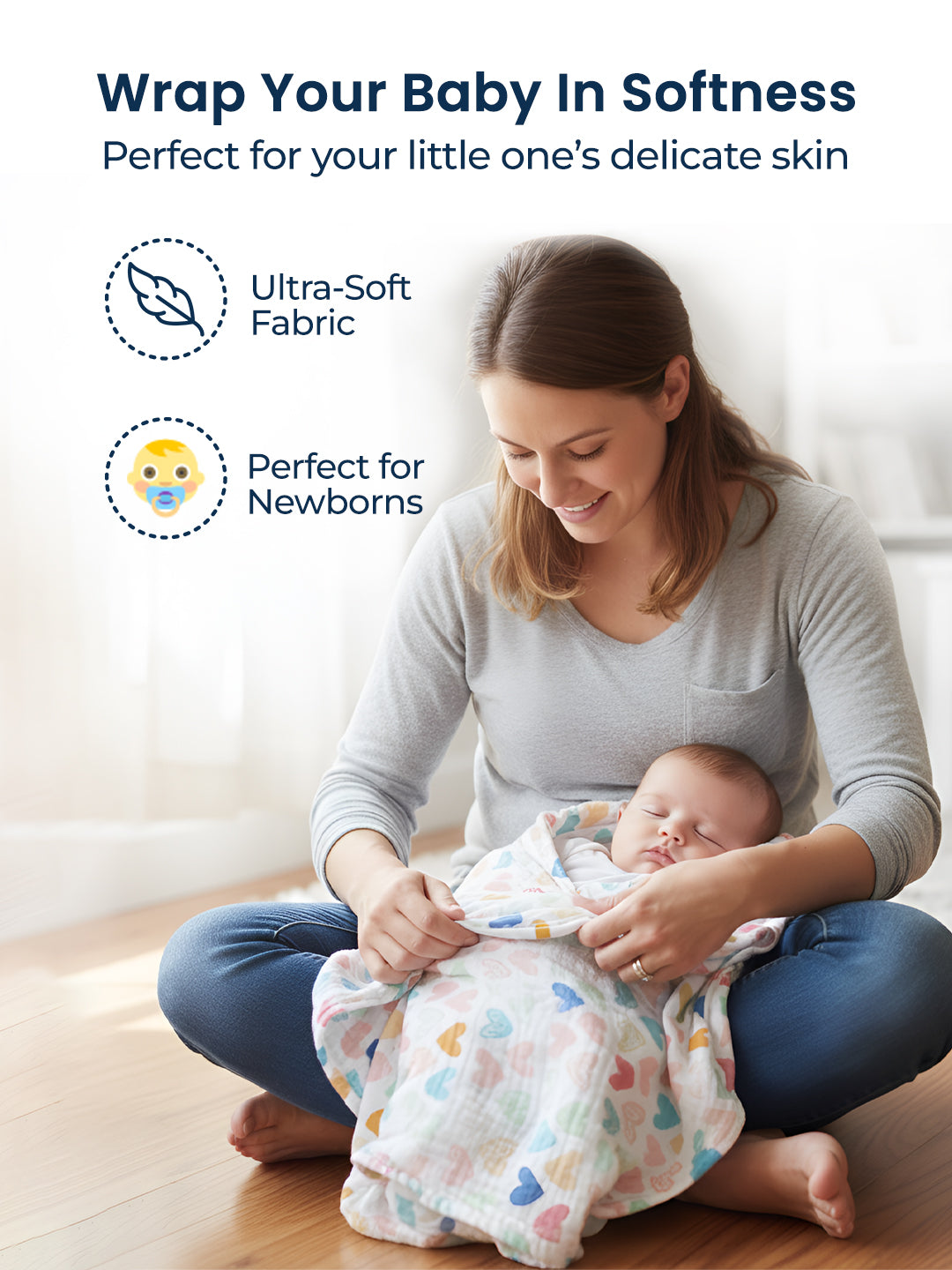 Woman holding a baby wrapped in a soft blanket with text about ultra-soft fabric and suitability for newborns.