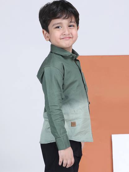 Polka Tots Full Sleeves Cotton Ombre Effect Shirt - Green