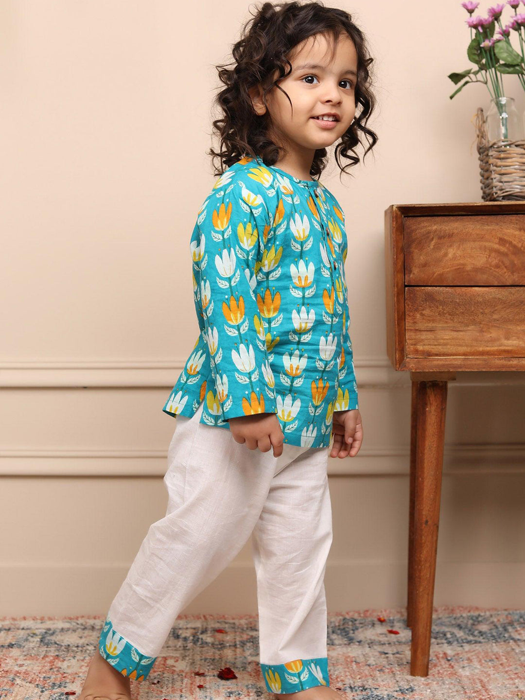 Polka Tots Lotus print Full sleeves Nightwear Kurta pyjama set - Blue