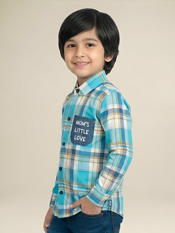Polka Tots Full Sleeves Moms Little Love print Checks Shirt - Turquoise