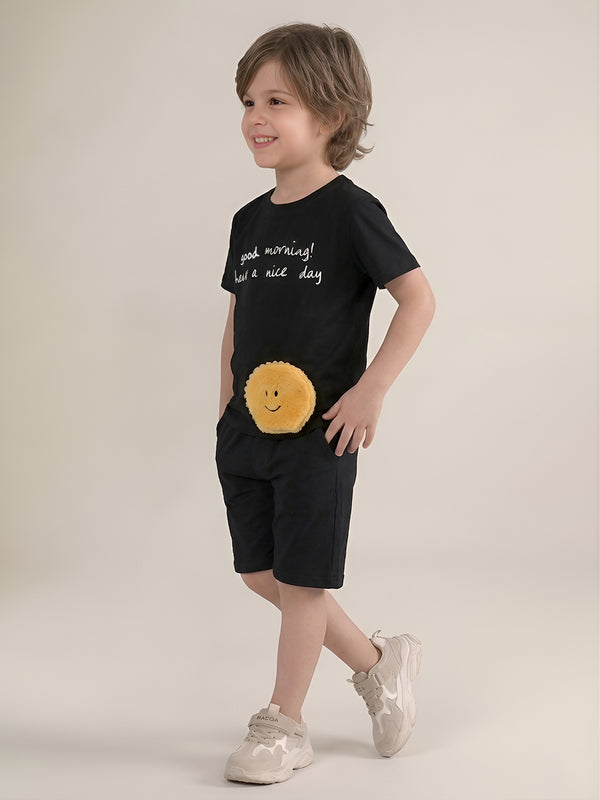 Polka Tots Half Sleeves Sun Patch T-Shirt Shorts - Black