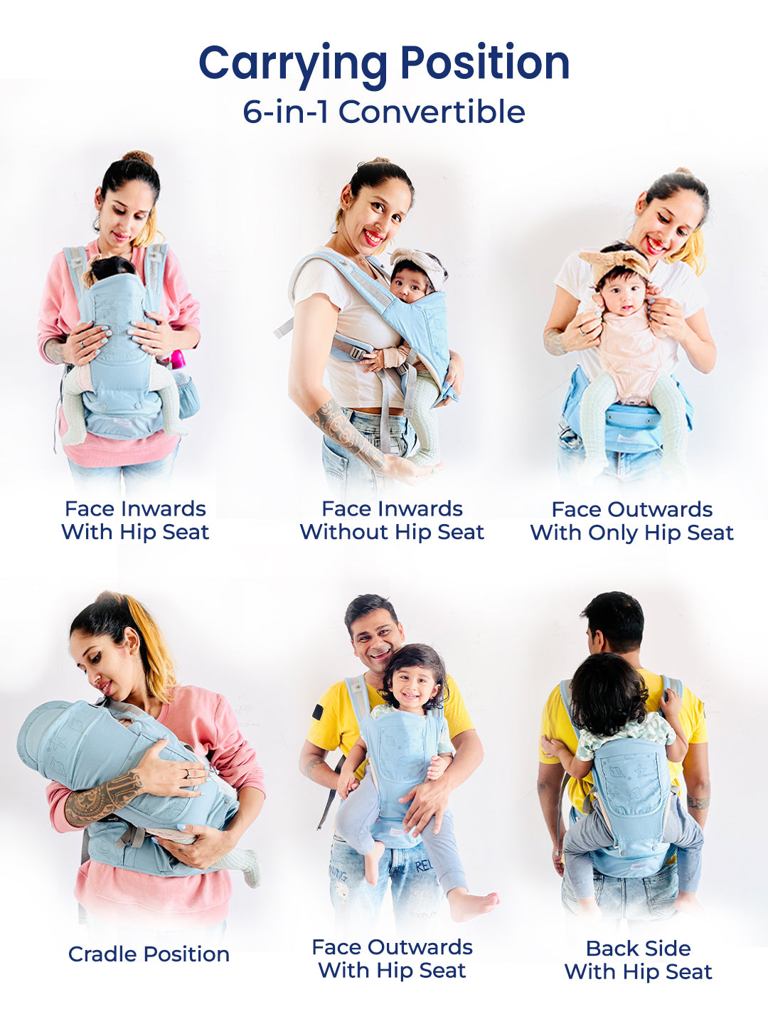 6-in-1 convertible baby carrier with multiple usage positions shown on a white background.