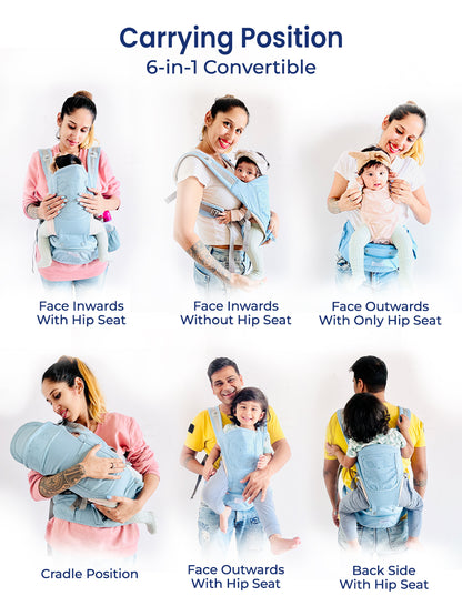 6-in-1 convertible baby carrier with multiple usage positions shown on a white background.