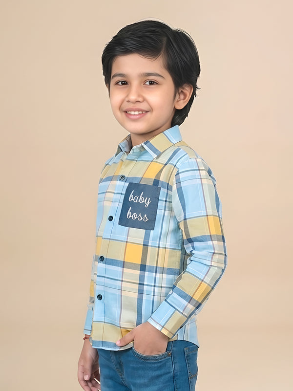 Polka Tots Full Sleeves Baby Boss print Checks Shirt - Light Blue