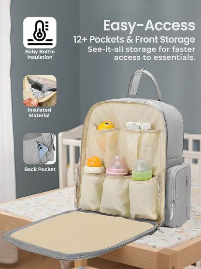 Baby diaper bag with multiple pockets and storage compartments, featuring text about easy access and features.