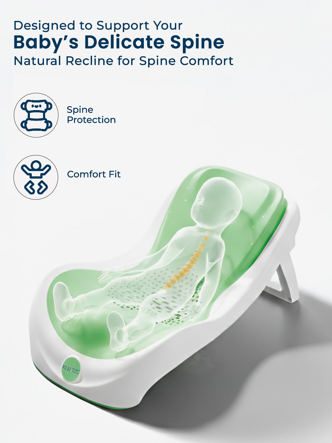 Baby bath support with green interior and white exterior, featuring text about spine support.