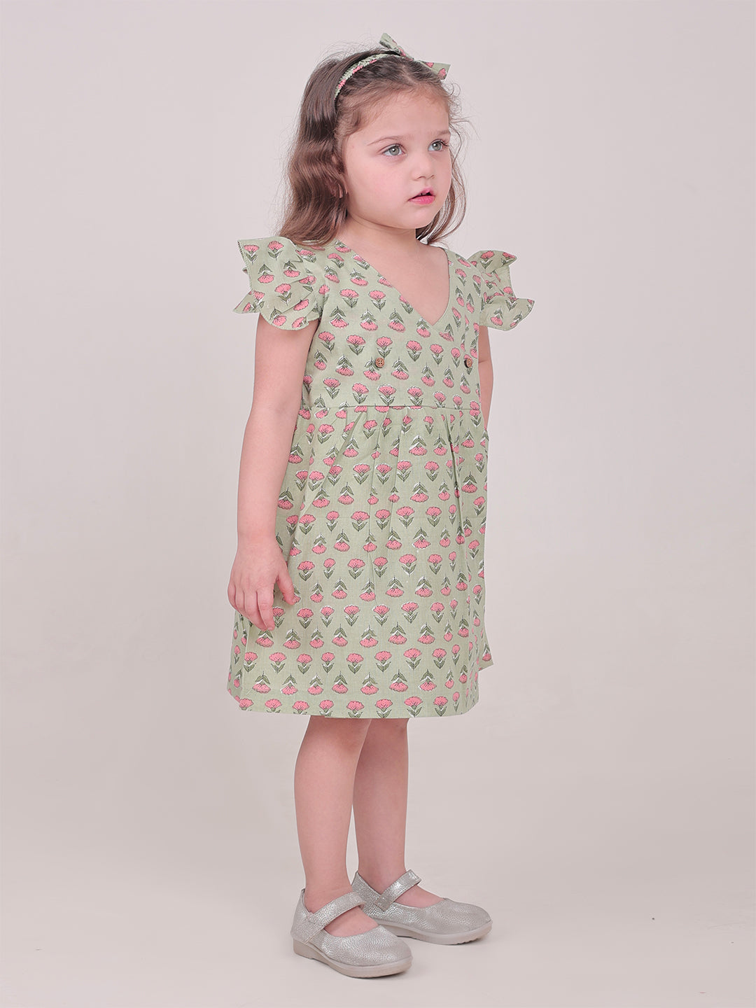 Polka Tots Half sleeve Floral print Frock with Headband - Green