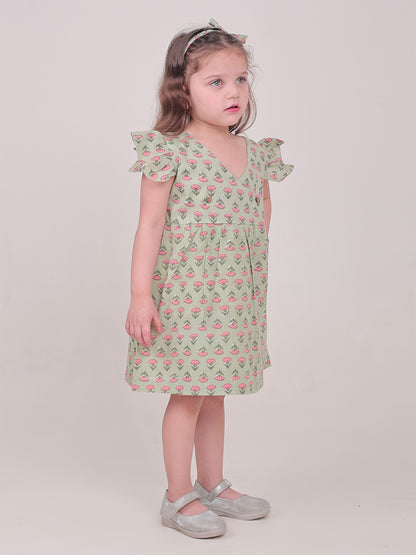 Polka Tots Half sleeve Floral print Frock with Headband - Green