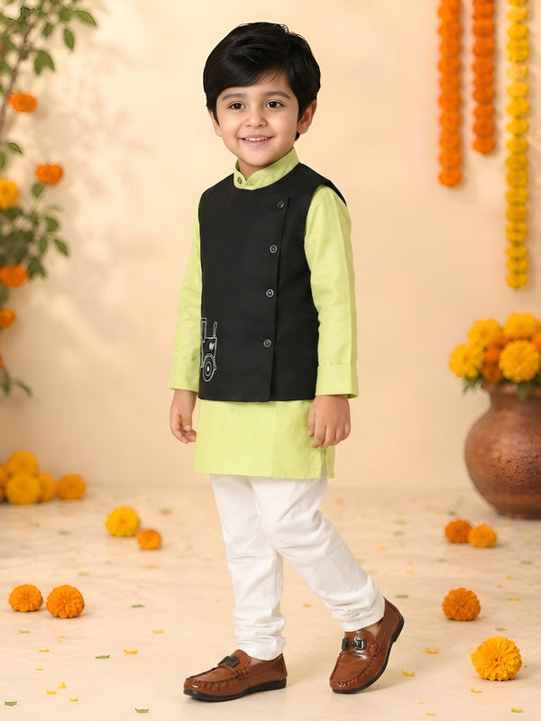 Polka Tots Full sleeves Tractor Embroidery Koti Kurta Pyjama - Green