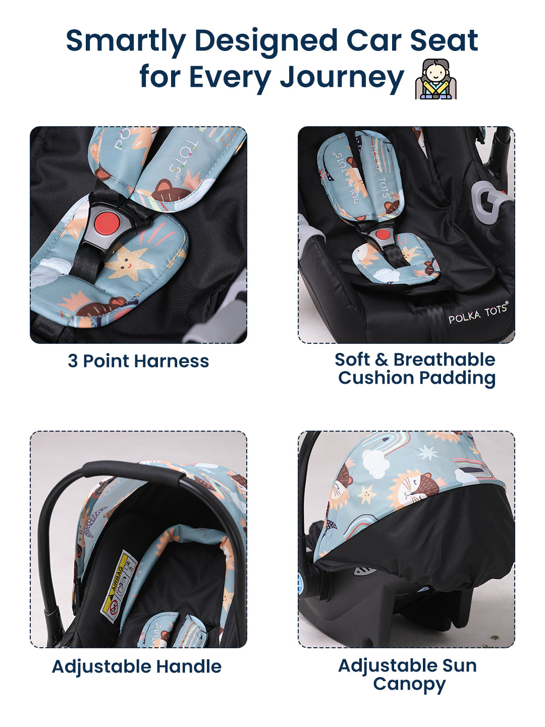 Smartly designed car seat with features highlighted on a white background