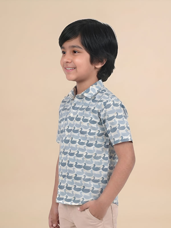 Polka Tots Half Sleeves Swan print Shirt - Blue