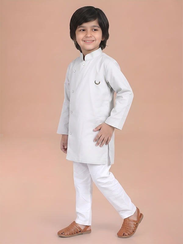 Polka Tots Full Sleeve Solid Ethnic Kurta Pyjama Set - Grey