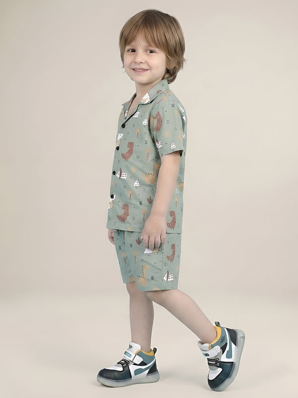Polka Tots Half Sleeves Dinosaur print Shirt Shorts - Green