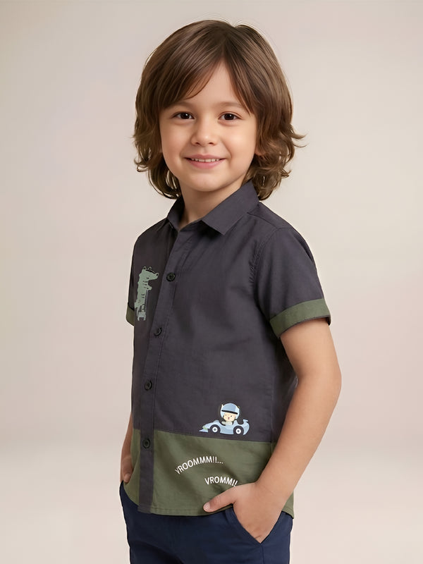 Polka Tots Half Sleeve Shirt 100% Cotton Linen Look Dinosaur Car - Grey