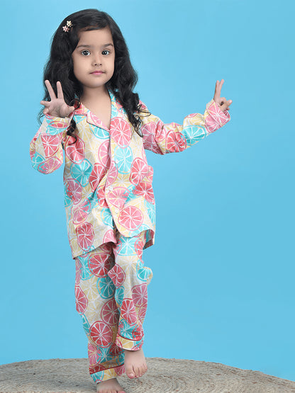 Polka Tots Full sleeves Lemon print Night Suit - Multicolor
