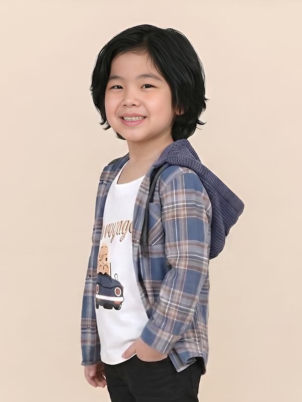 Polka Tots Full Sleeves Bon Voyage print Shirt With Attached Tshirt - Blue