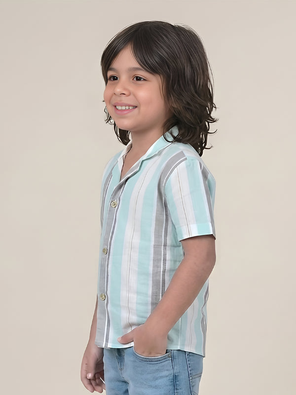 Polka Tots Half Sleeves Stripes Shirt - Aqua Blue and Grey