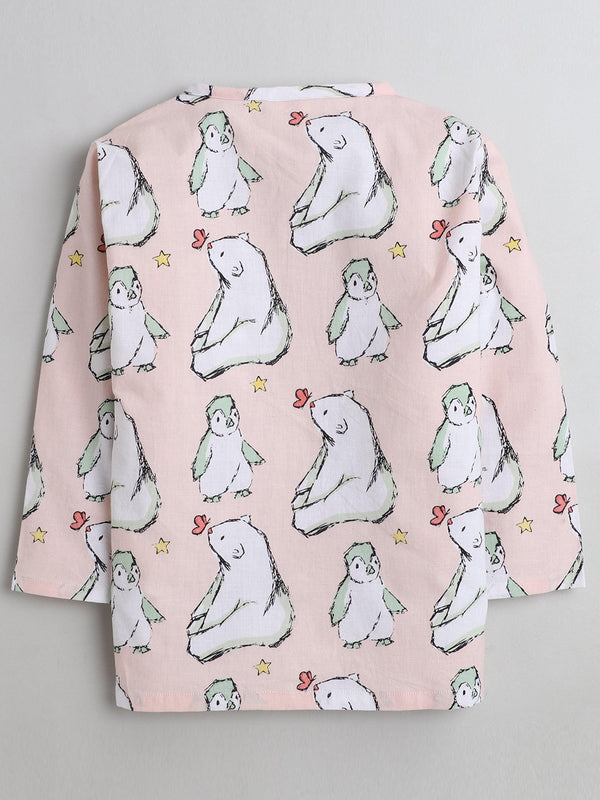Polka Tots Bear print Full sleeves Nightwear Kurta pyjama set - White