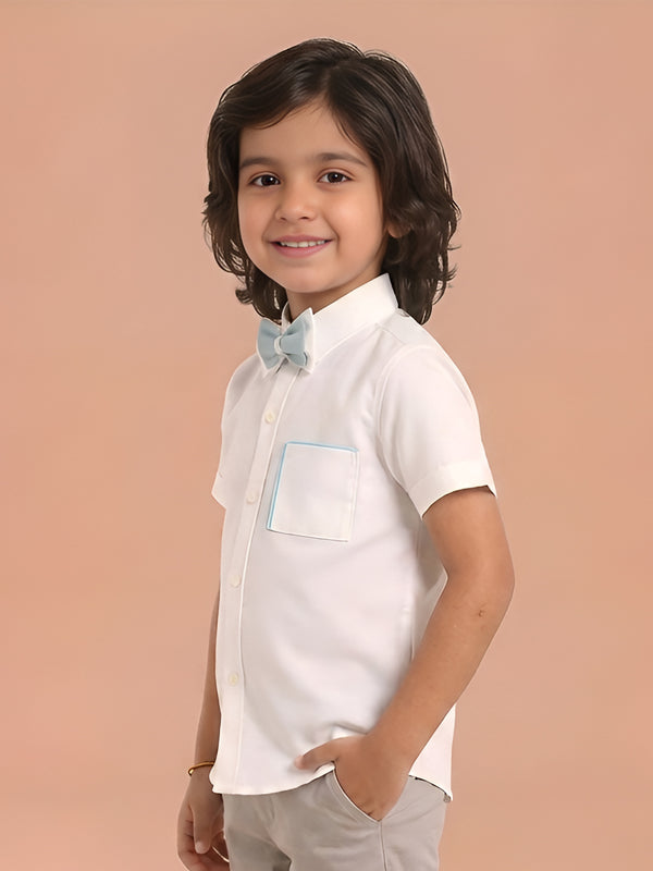 Polka Tots Half Sleeve plain Shirt with Dual Bow Tie - White
