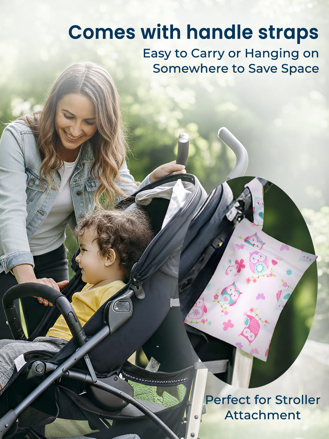 Woman pushing a stroller with a child, featuring handle straps and a storage bag.
