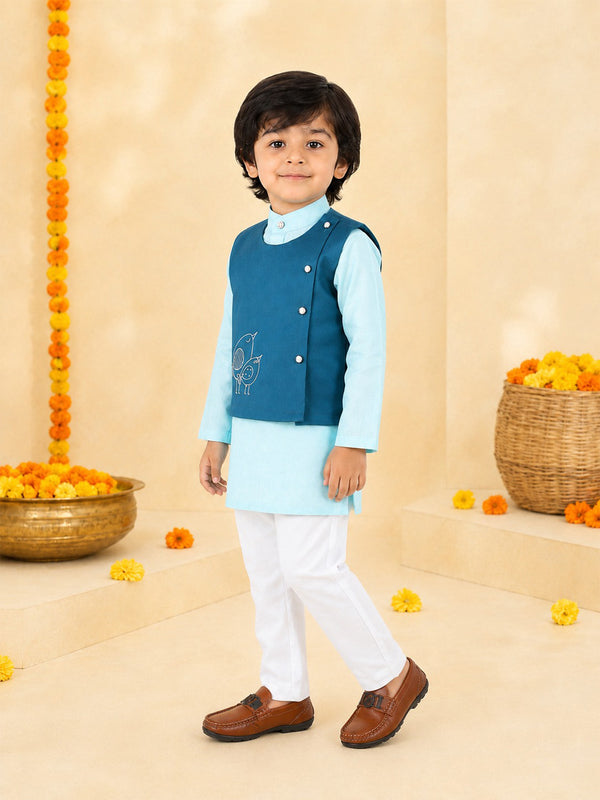 Polka Tots Full sleeves Birds Embroidery Koti Kurta Pyjama - Blue