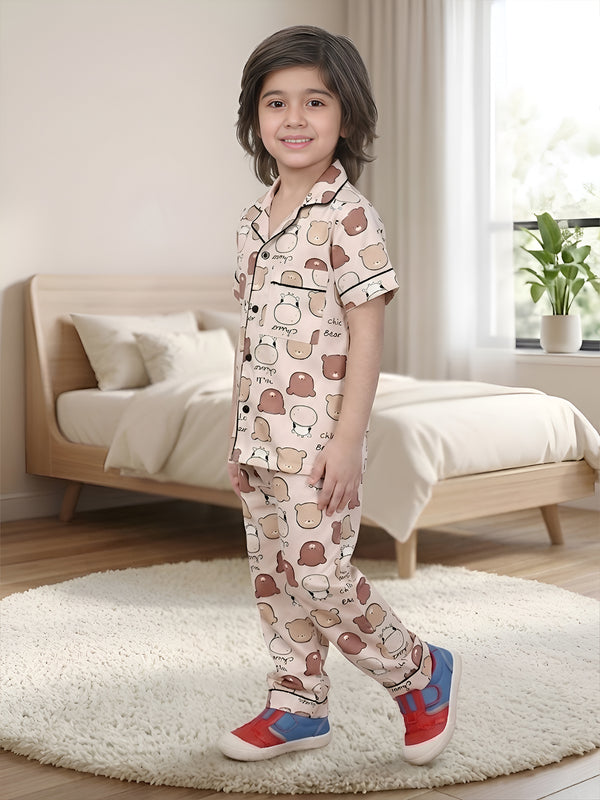Polka Tots Half sleeves Cow print Night Suit - Brown