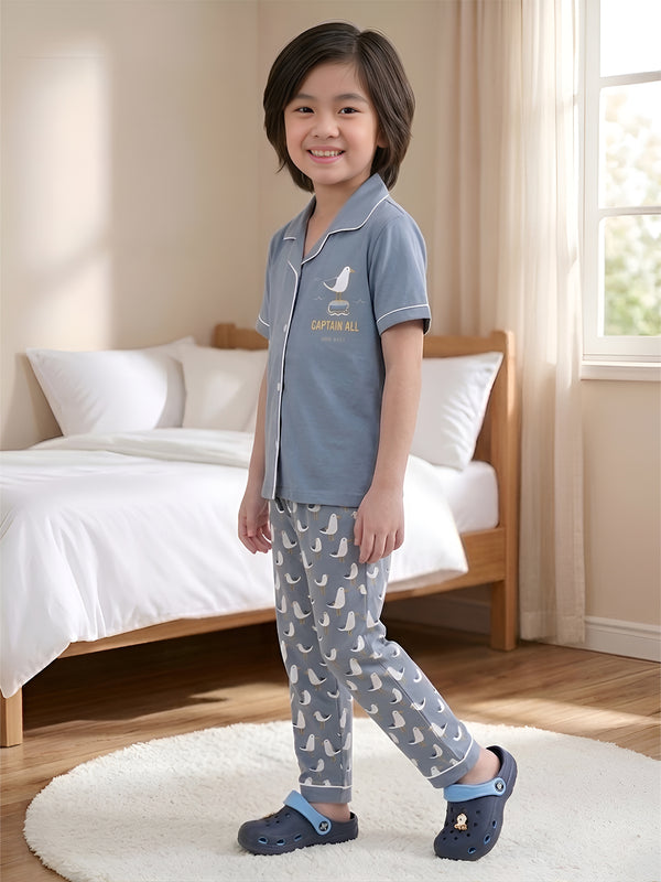 Polka Tots Half sleeves Captain Gull Print Night Suit - Grey