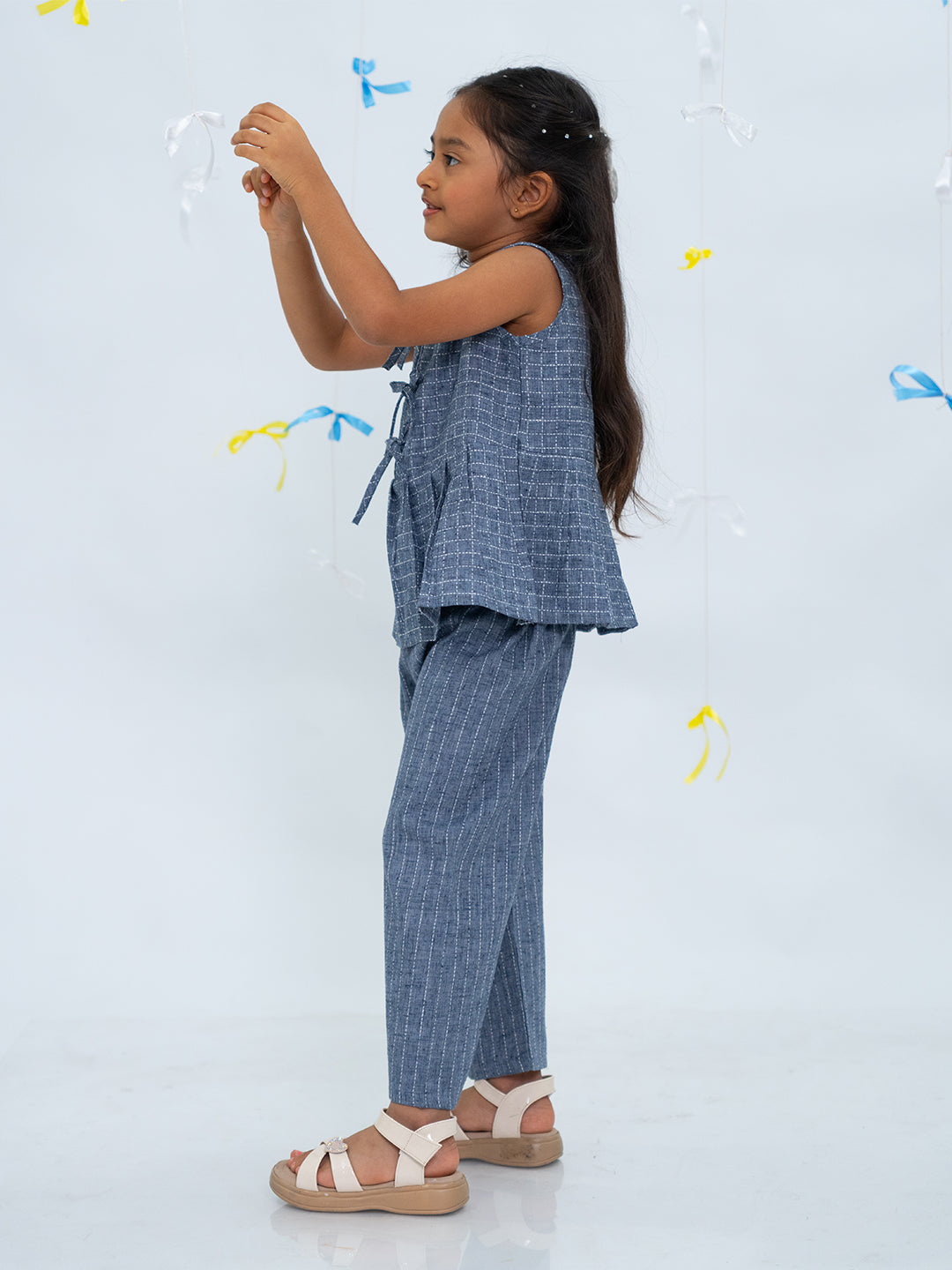 Polka Tots Sleeveless  Statement Bow Girls top & Bottom Set- Blue