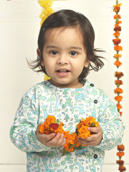 Polka Tots Cotton Full Sleeve Jungle Safari Print Angrakha Top With Dhoti - Blue