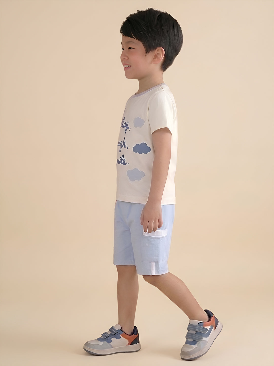 Polka Tots Half Sleeves Play, Laugh & Smile Print T-Shirt Shorts - White and Blue