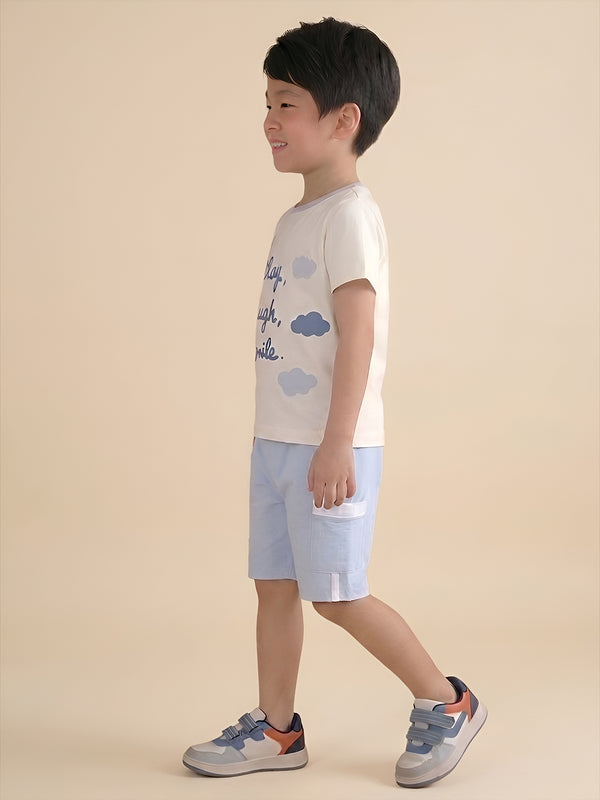 Polka Tots Half Sleeves Play, Laugh & Smile Print T-Shirt Shorts - White and Blue