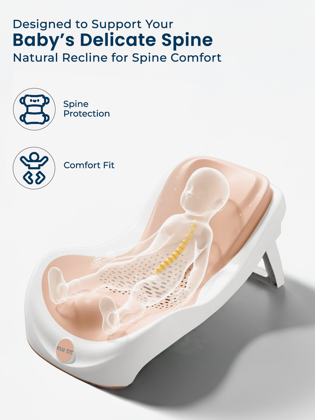 Baby seat with spine illustration and text about support for a baby's delicate spine on a white background