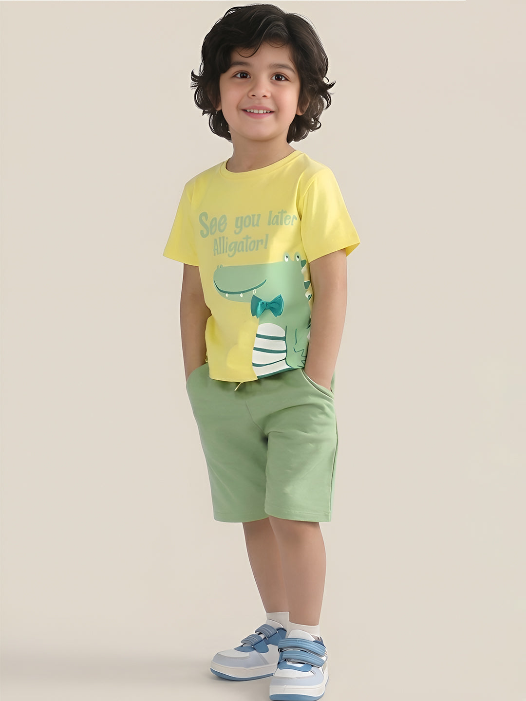 Polka Tots Half Sleeves Alligator print T-Shirt Shorts - Yellow and Green